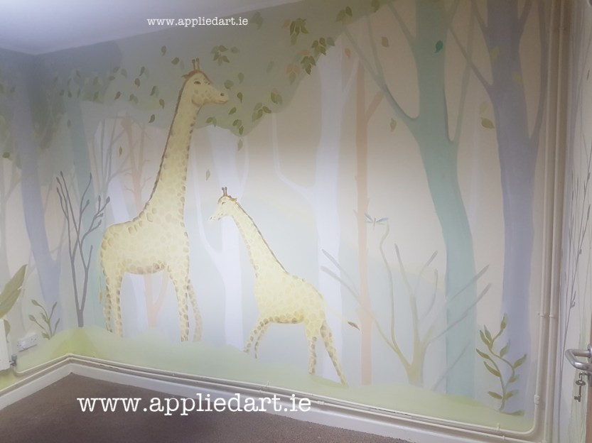 Jungle mural animal painting wall giraffe elephant mural trees painted modern space applied art dublin ireland artist effect wall paintng art dublin leister artist commission muralist (