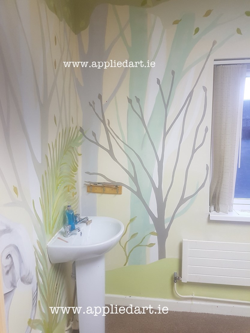 Jungle mural animal painting wall giraffe elephant mural trees painted modern space applied art dublin ireland artist effect wall paintng art dublin leister artist commission muralist (