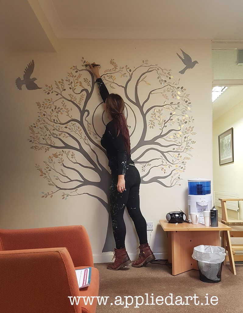 painted tree artist dublin murals klaudia byrne applied art coloured leafs art birds painted logo mural waiting area mural doves flying mural dublin ireland commission art irish art kl (