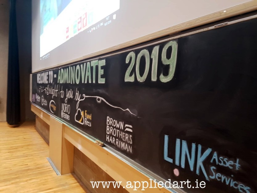 adminovate 2019 art chalk art klaudia byrne applied art event chalk artist branding chalk logois on black board sponsors designs appliedvart ireland sponsors dublin artist dublin