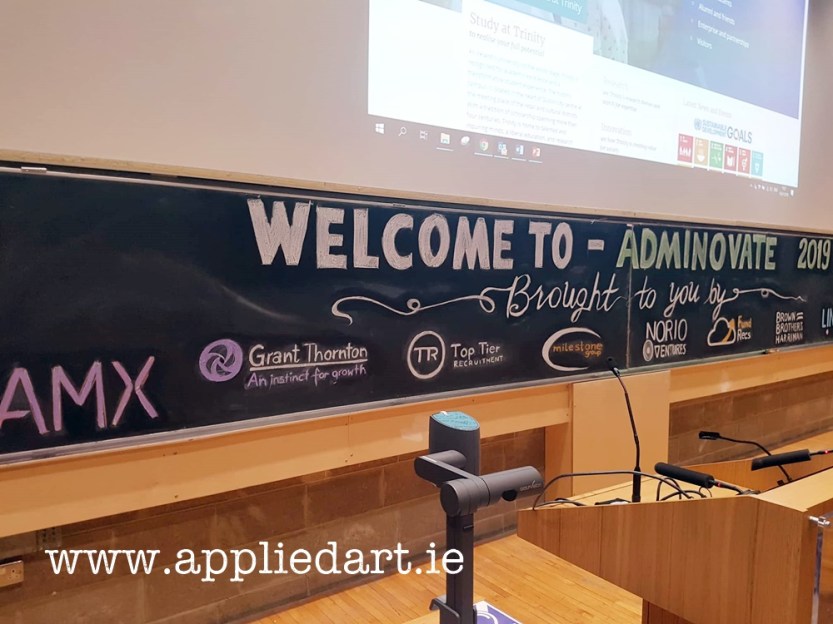 adminovate 2019 art chalk art klaudia byrne applied art event chalk artist sponsors logo branding chalk logois on black board designs appliedvart ireland dublin artist dublin